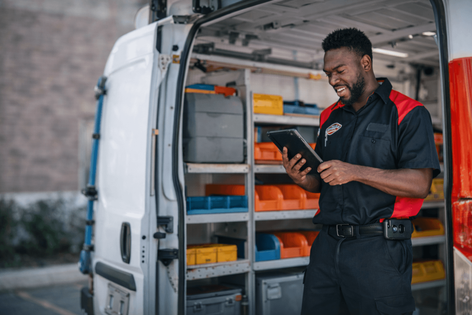 Plumbing service truck on site