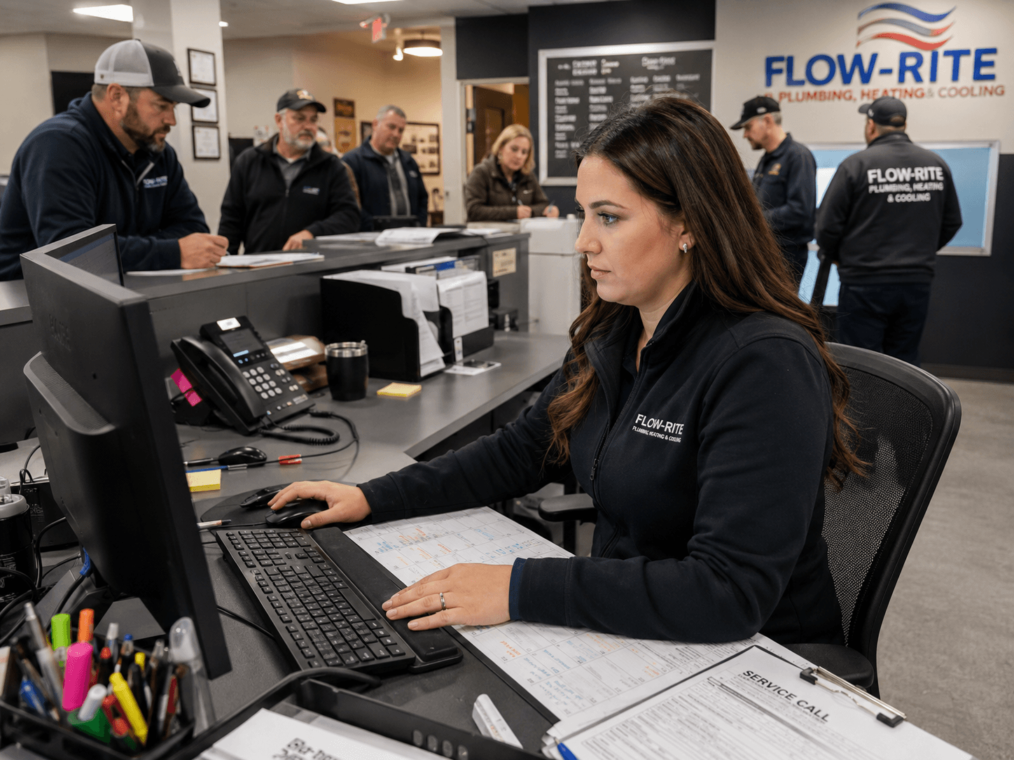 Office manager reviewing service calls at a trade company front desk