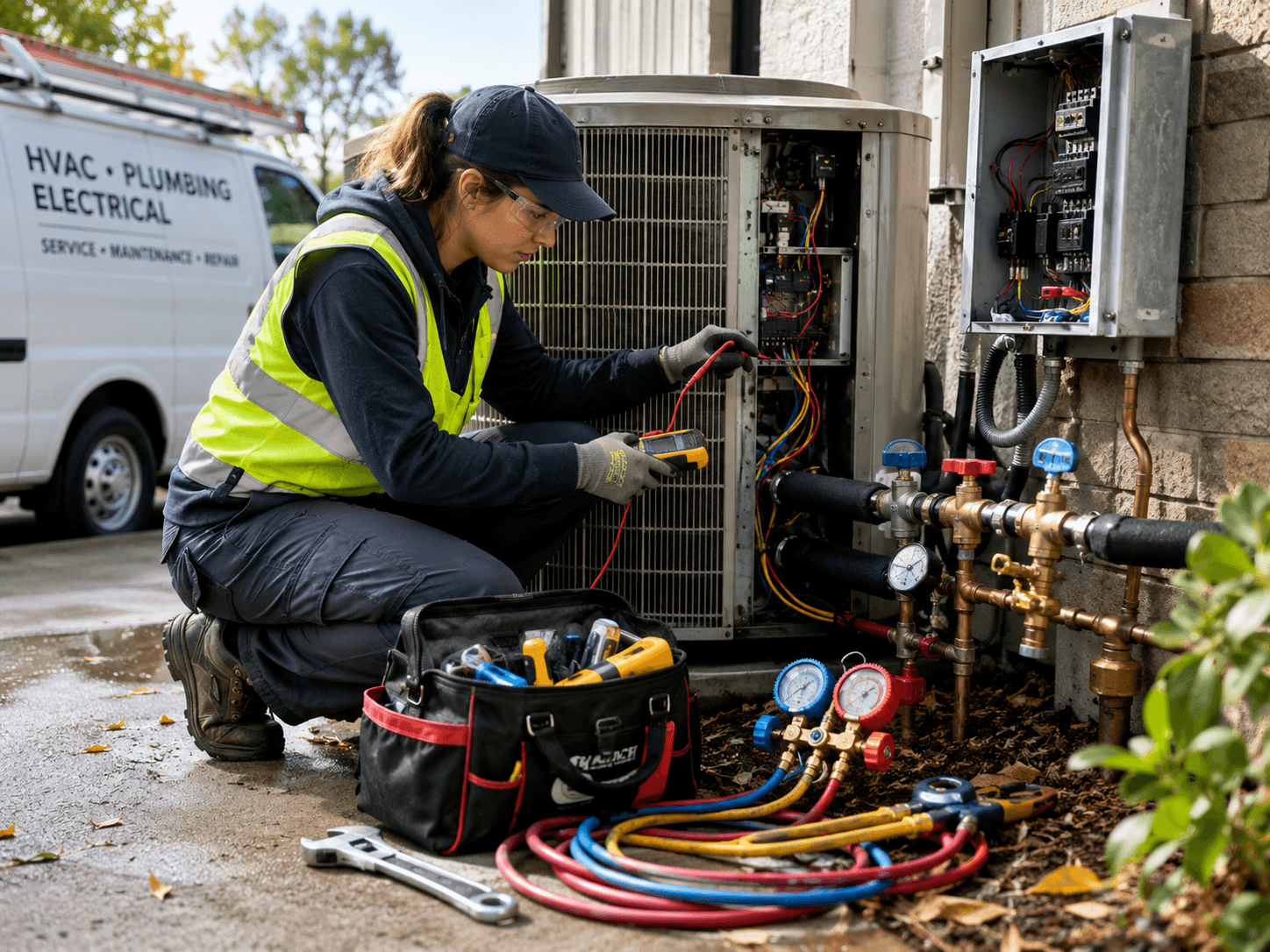 HVAC technician using gauges and parts from a service van at a job site
